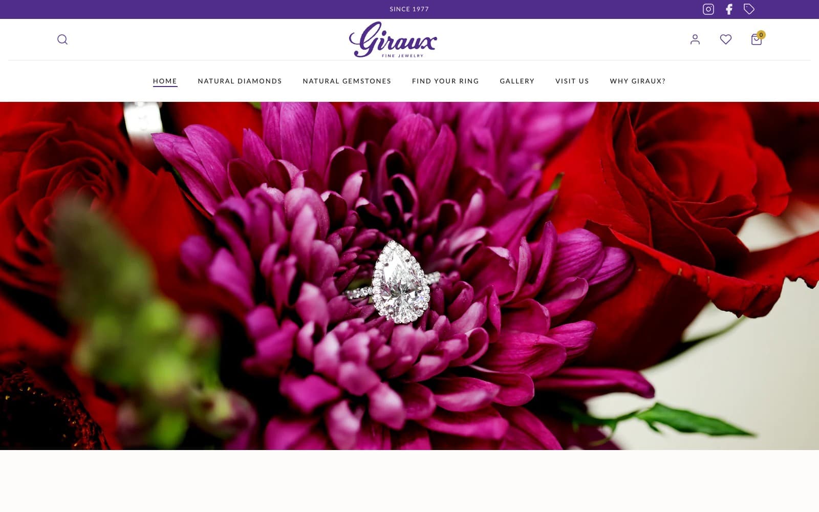 Giraux Fine Jewelry homepage featuring an engagement ring among flowers