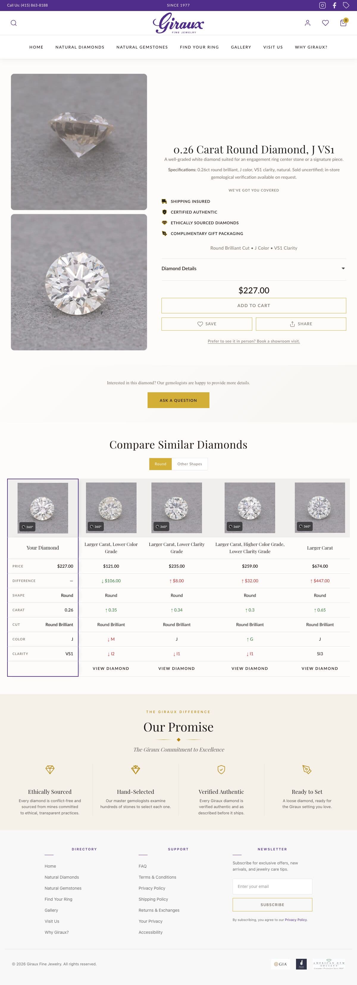 Captured Giraux product page for the same 0.26 carat round diamond, top to bottom: photos, specifications, price, similar diamonds, and the store promise